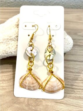 72. Gold Wire-Wrapped Cabo San Lucas, Mexico Shell Earrings with Shell buttons